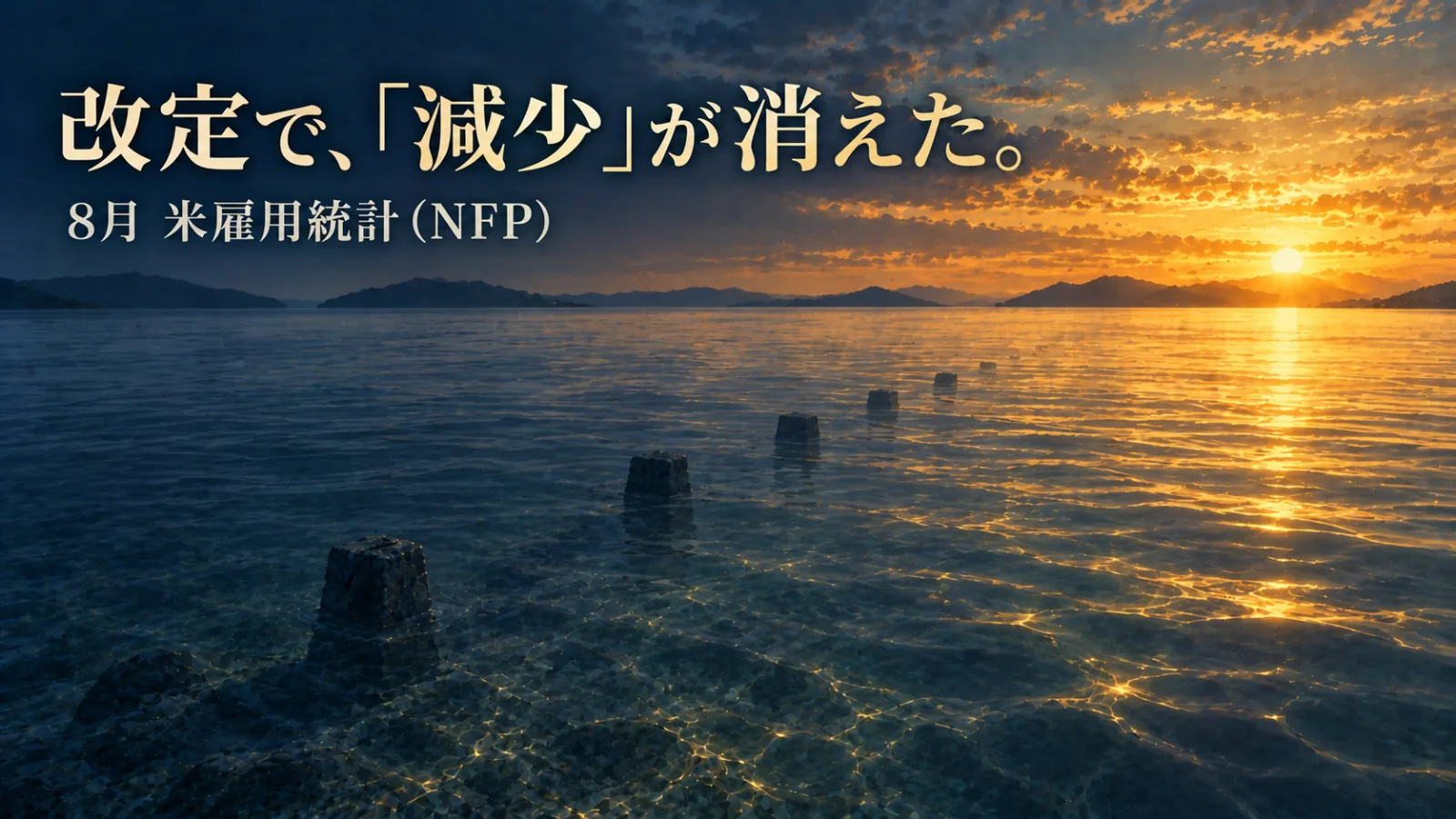 「改定で、「減少」が消えた。8月 米雇用統計 (NFP)」の文字が入った図版。夜明けの干潟で、予想水位を示す低い石柱の列を満ちてきた潮がはるかに越えて覆っている