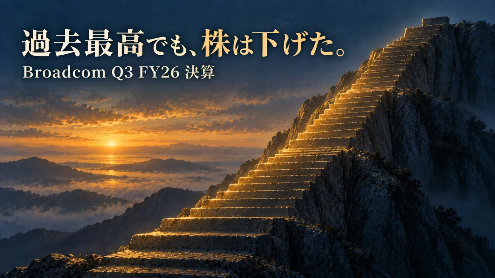 「過去最高でも、株は下げた。Broadcom Q3 FY26 決算」の文字が入った図版。夜明けの崖を昇る巨大な石段は金色に照らされ、頂上のさらに一段だけが青い影の中にある