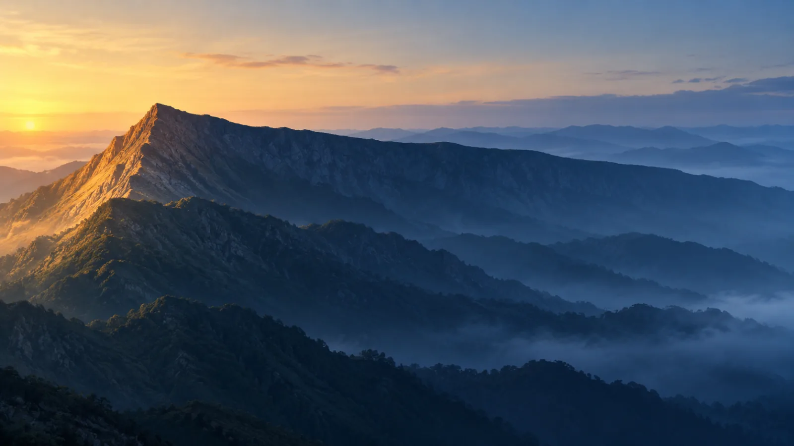 夜明けの山稜。左端で急峻に高みへ達したあと、稜線は長く平坦に、わずかに下りながら青い霞へ続いている