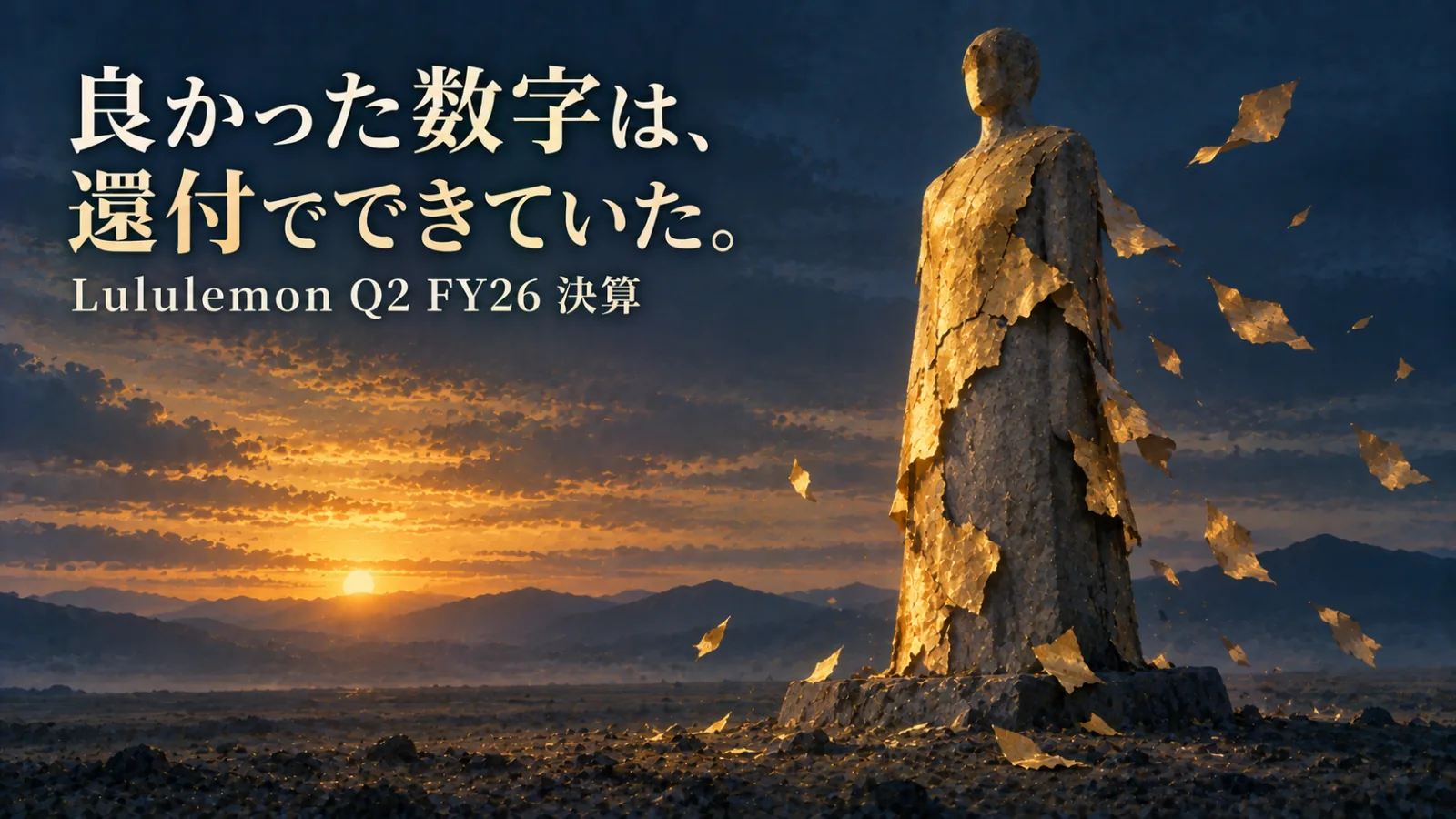 「良かった数字は、還付でできていた。Lululemon Q2 FY26 決算」の文字が入った図版。夕暮れの平原に立つ石像から金箔が剥がれ落ち、下から素の灰色の石が現れている