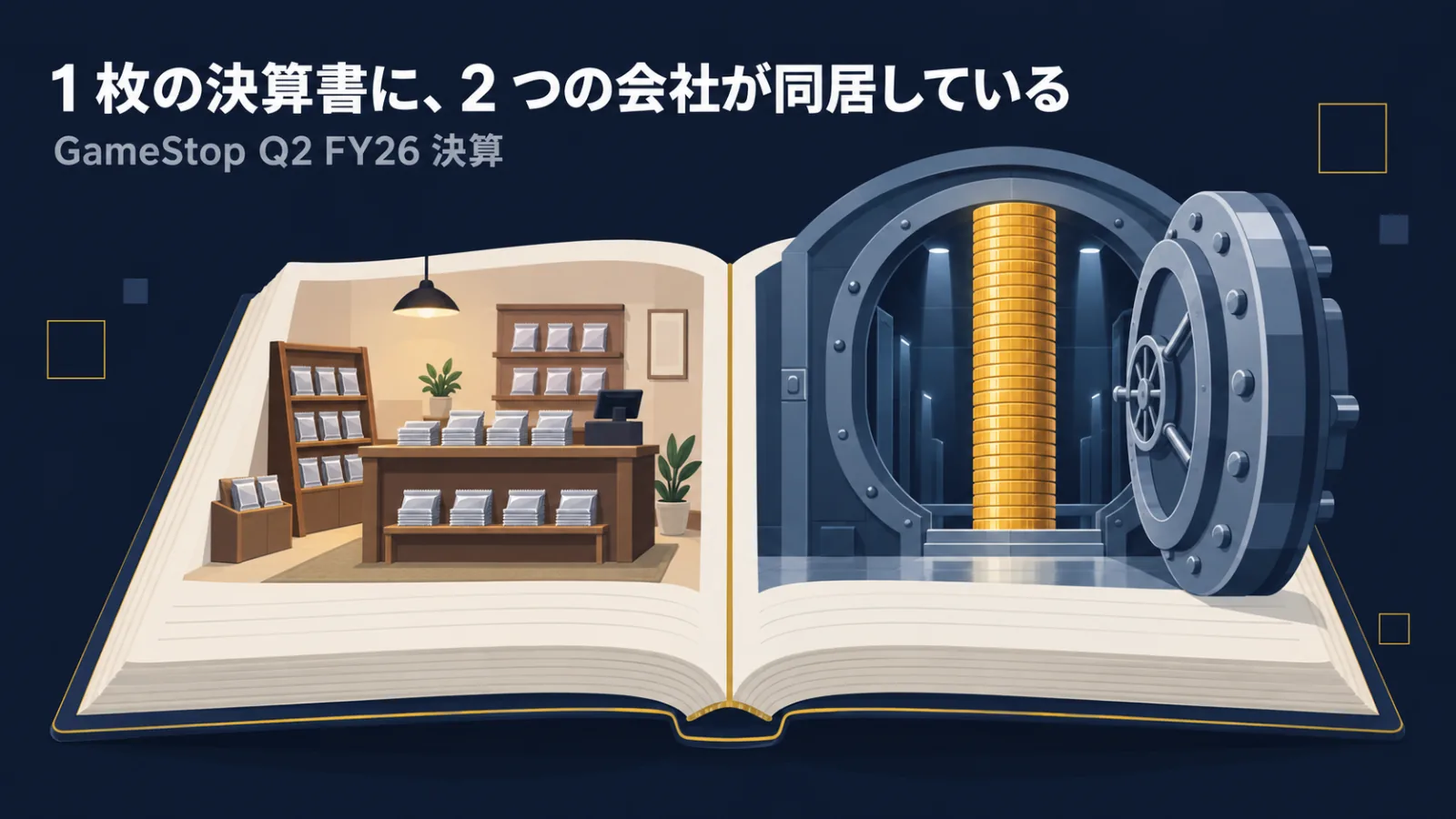 「1 枚の決算書に、2 つの会社が同居している」の文字が入った図版。開かれた 1 冊の決算書の左ページには小さなカード売り場、右ページには金庫と積み上がったコインの柱が描かれている